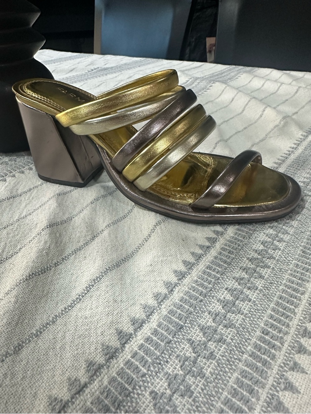 FARM Rio Metallic Multi-Strip Block Heel Sandal - Gold and Bronze